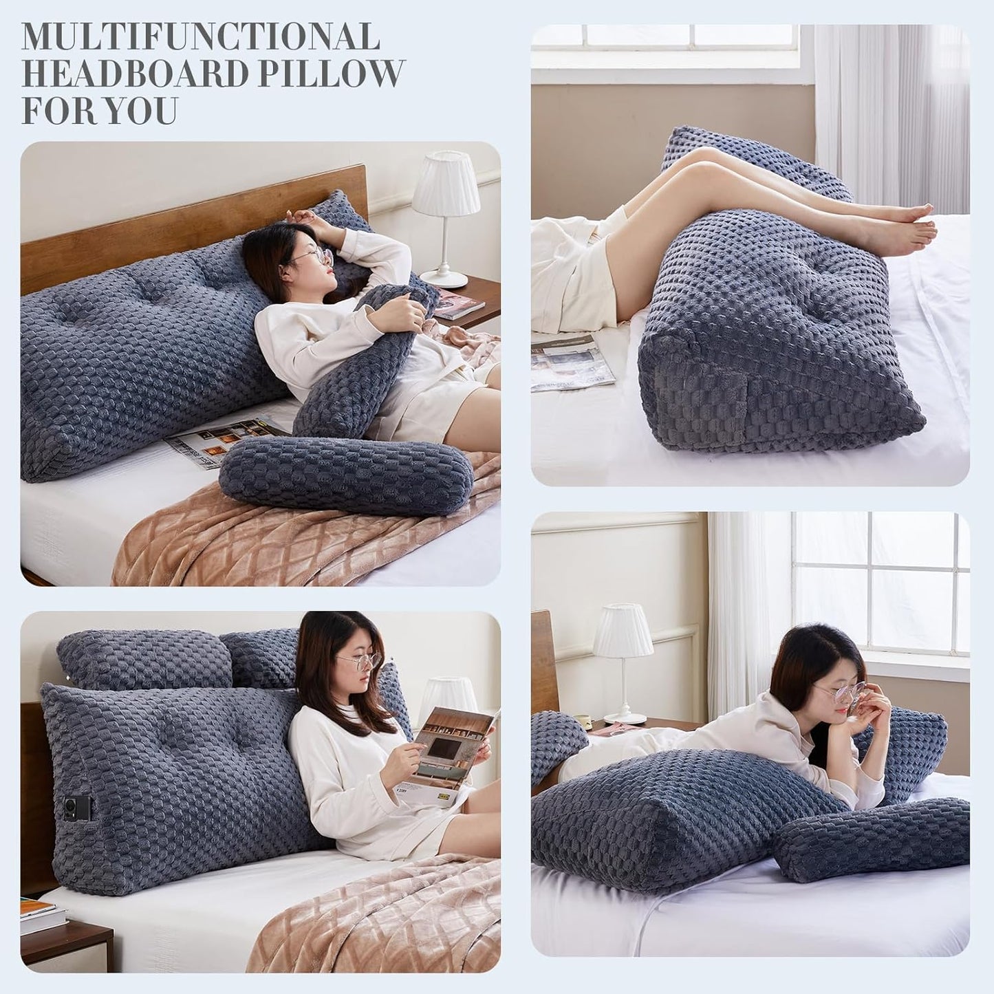 Fahymas Queen Size Wedge Headboard Pillow Set with 2 Roll Pillows, Velvet Back Support Reading Pillow with Removable Washable Cover