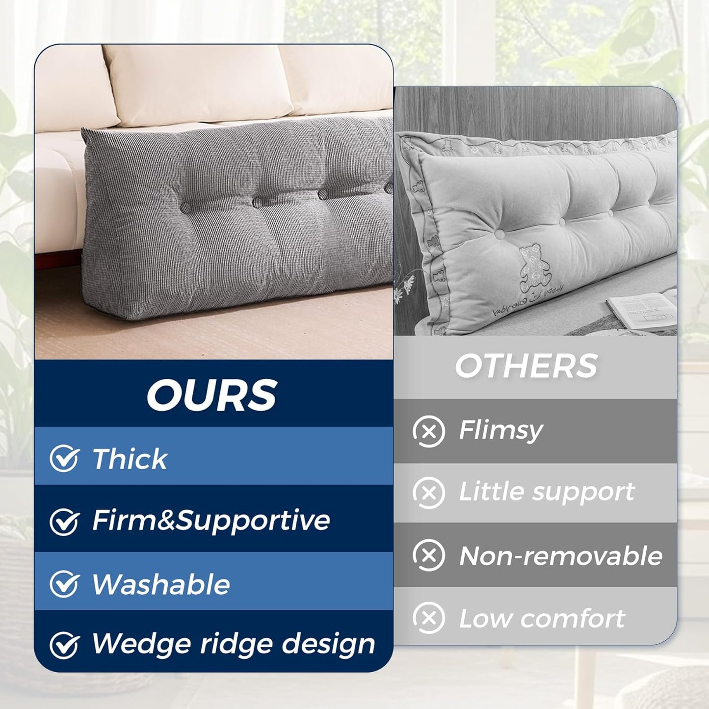 Fahymas Queen Size Wedge Headboard Pillow with Side Pockets, Tufted Back Support Reading Pillow with Removable Washable Cover