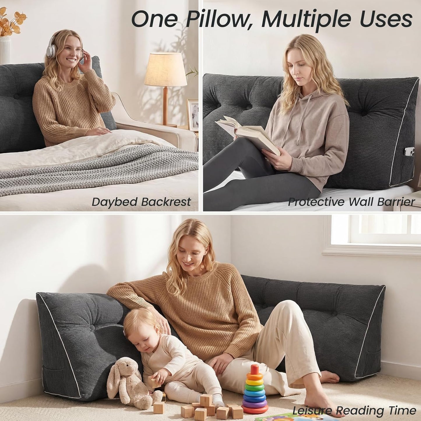 Fahymas Queen Size Wedge Headboard Pillow Set with 2 Bolster Pillows, Velvet Back Support Reading Pillow with Removable Washable Cover
