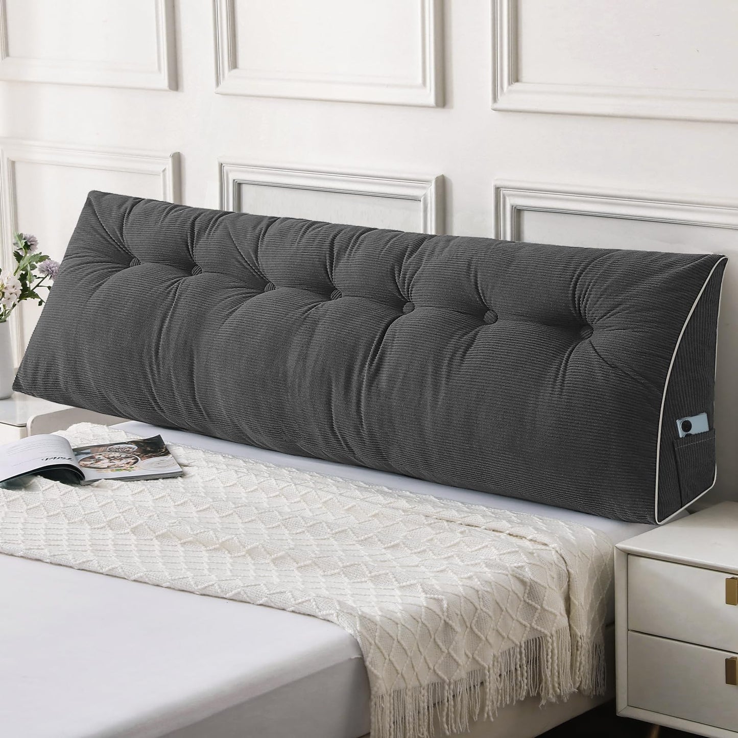 Fahymas Queen Size Wedge Headboard Pillow Set with 2 Bolster Pillows, Velvet Back Support Reading Pillow with Removable Washable Cover