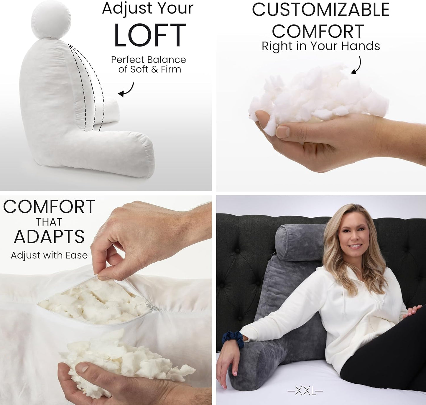 Fahymas XX-Large Reading Pillow with Arms and Neck Roll, Shredded Memory Foam Bed Rest Pillow with Removable Cover and Side Pockets, Grey