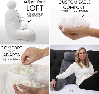 Fahymas XX-Large Reading Pillow with Arms and Neck Roll, Shredded Memory Foam Bed Rest Pillow with Removable Cover and Side Pockets, Grey