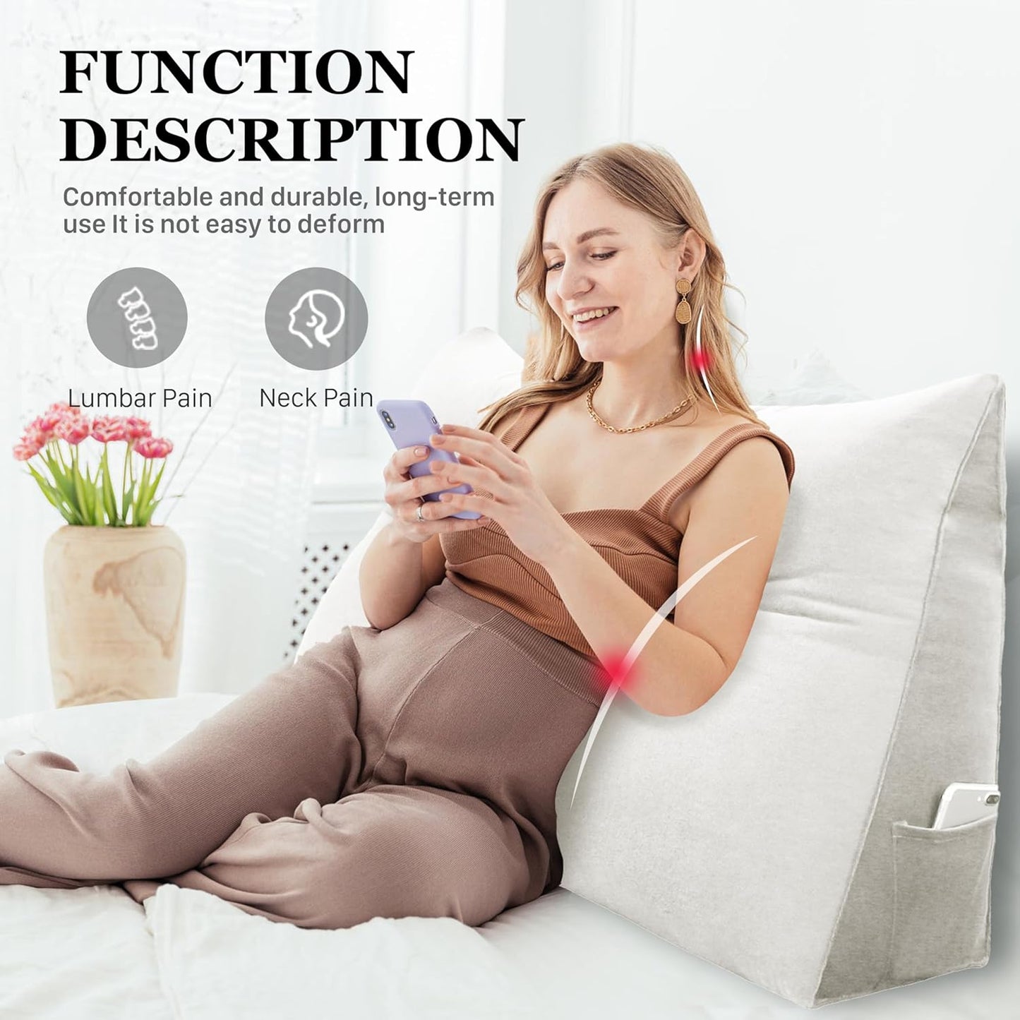 Fahymas Queen Size Wedge Headboard Pillow with Side Pockets, Velvet Back Support Reading Pillow with Removable Washable Cover