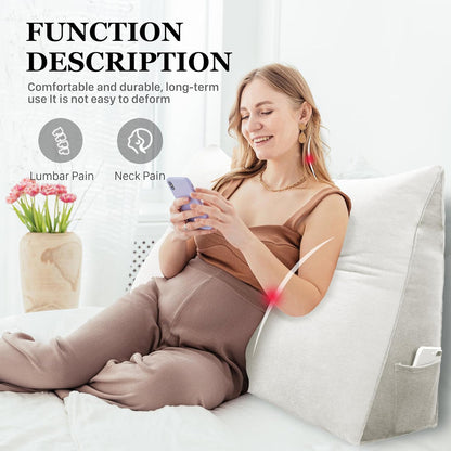 Fahymas Queen Size Wedge Headboard Pillow with Side Pockets, Velvet Back Support Reading Pillow with Removable Washable Cover