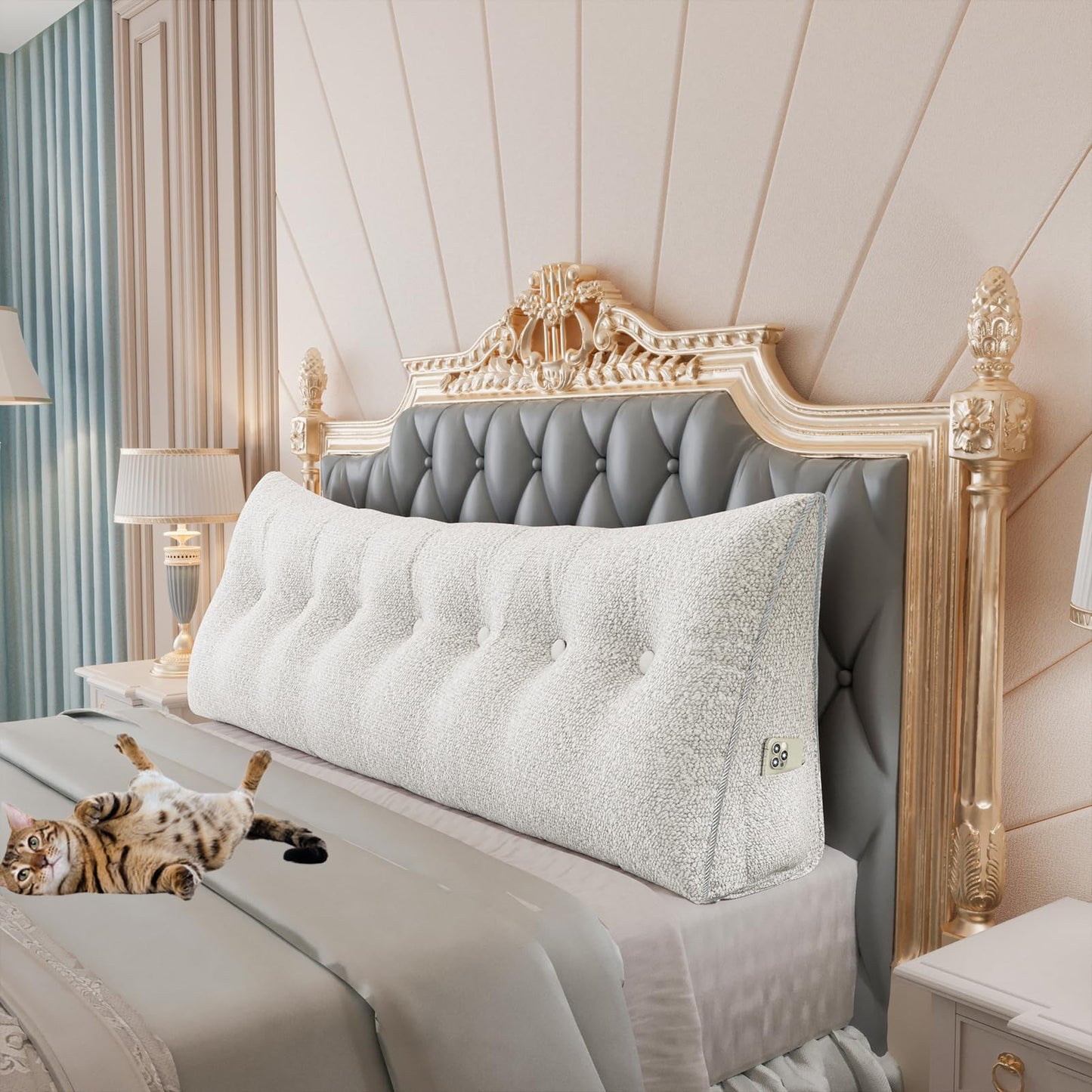 Fahymas Queen Size Wedge Headboard Pillow with Side Pockets, Velvet Back Support Reading Pillow with Removable Washable Cover