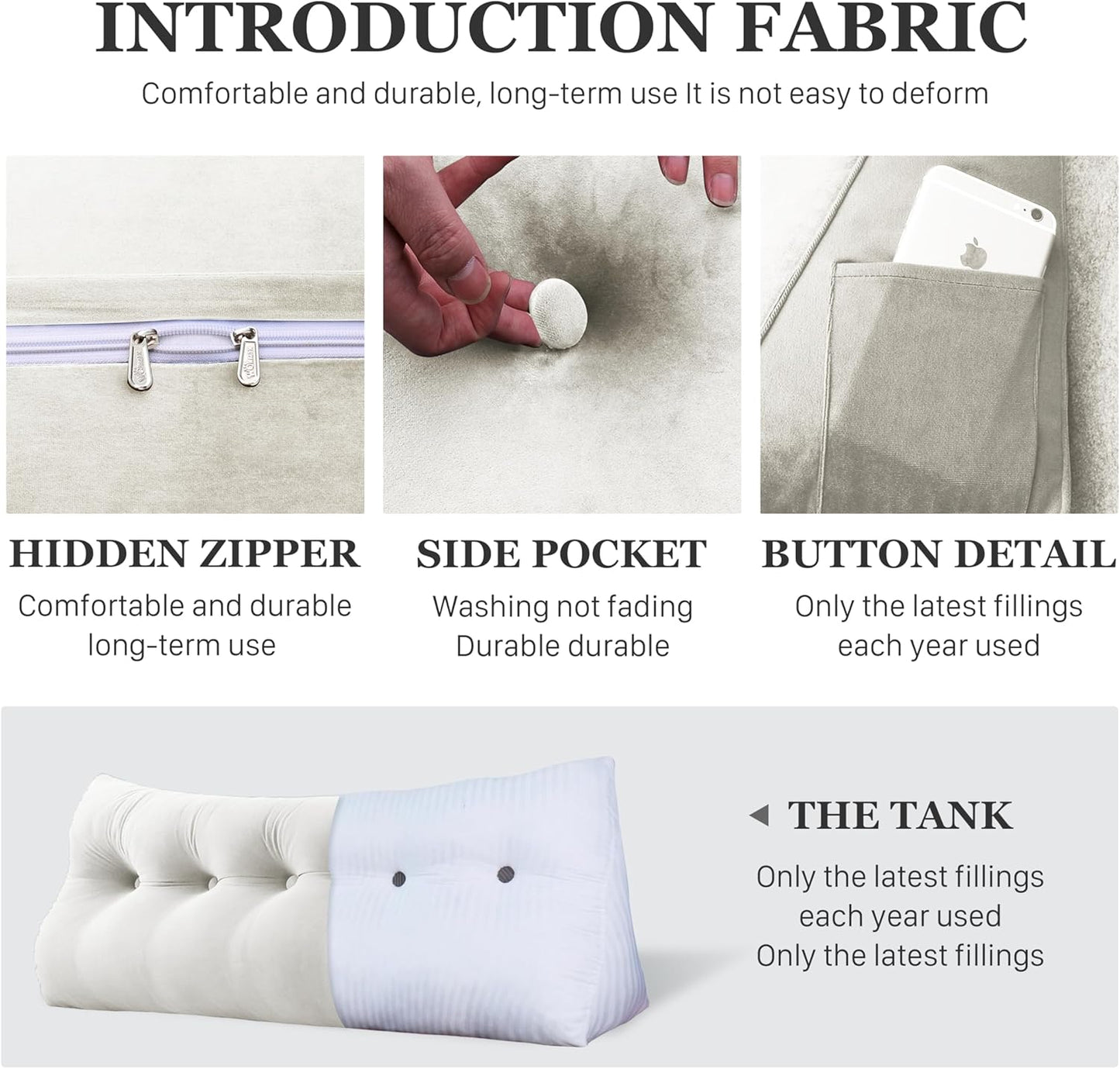 Fahymas Queen Size Wedge Headboard Pillow with Side Pockets, Velvet Back Support Reading Pillow with Removable Washable Cover