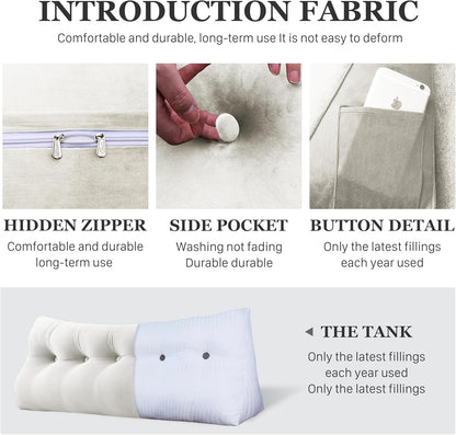 Fahymas Queen Size Wedge Headboard Pillow with Side Pockets, Velvet Back Support Reading Pillow with Removable Washable Cover