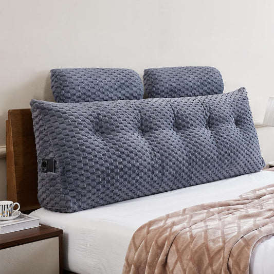 Fahymas Queen Size Wedge Headboard Pillow Set with 2 Roll Pillows, Velvet Back Support Reading Pillow with Removable Washable Cover