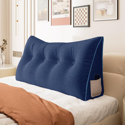 Fahymas Queen Size Wedge Headboard Pillow with Side Pockets, Velvet Back Support Reading Pillow with Removable Washable Cover
