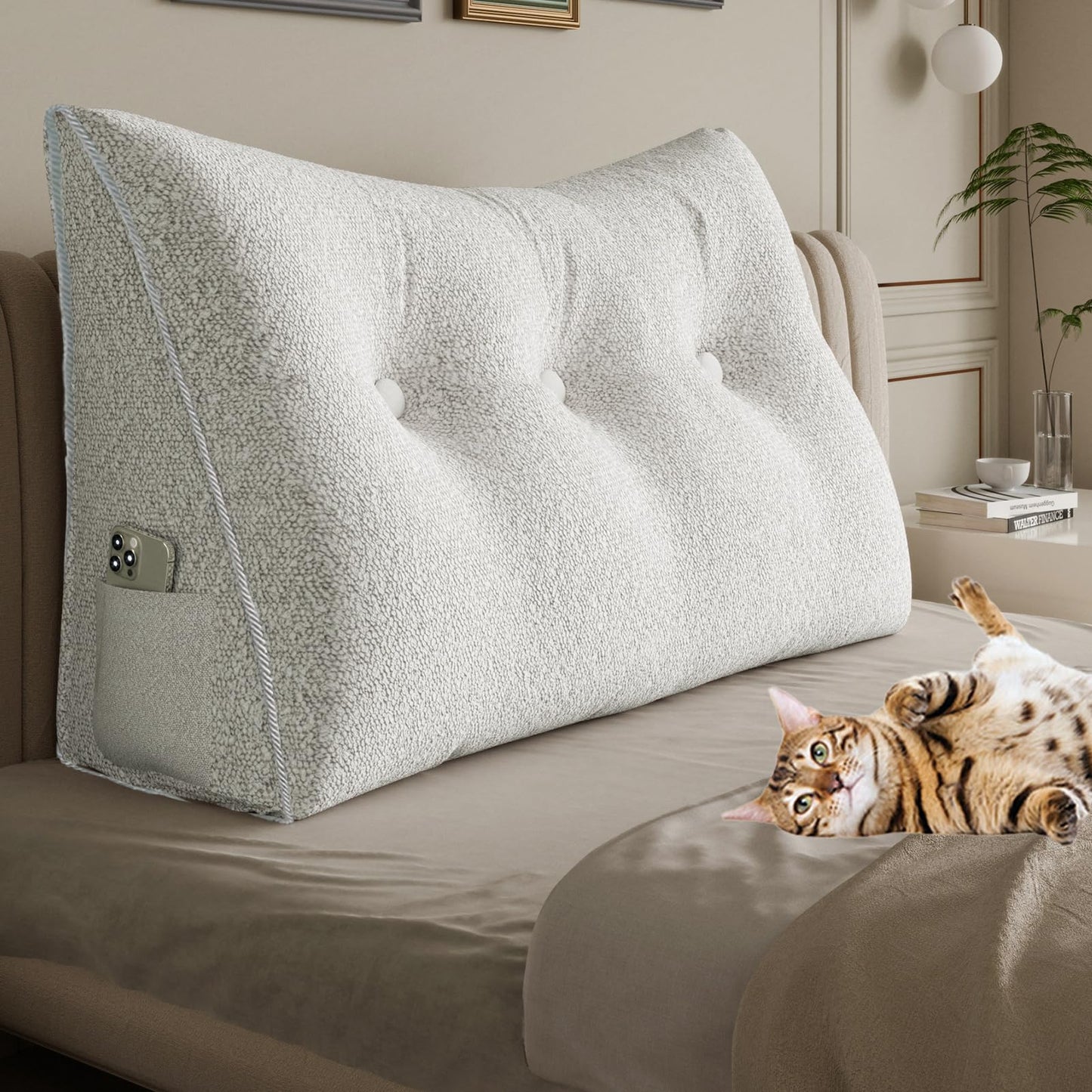 Fahymas Queen Size Wedge Headboard Pillow with Side Pockets, Velvet Back Support Reading Pillow with Removable Washable Cover