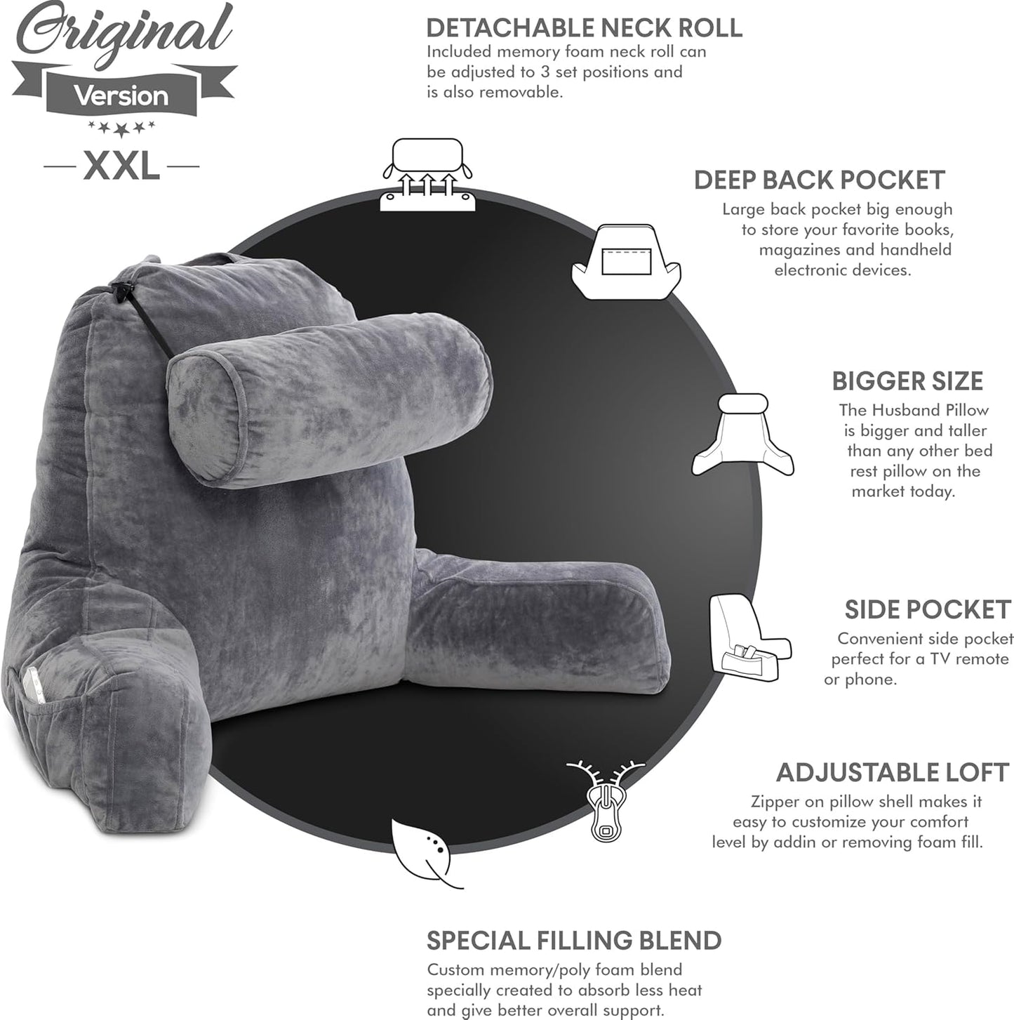 Fahymas XX-Large Reading Pillow with Arms and Neck Roll, Shredded Memory Foam Bed Rest Pillow with Removable Cover and Side Pockets, Grey