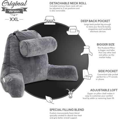 Fahymas XX-Large Reading Pillow with Arms and Neck Roll, Shredded Memory Foam Bed Rest Pillow with Removable Cover and Side Pockets, Grey
