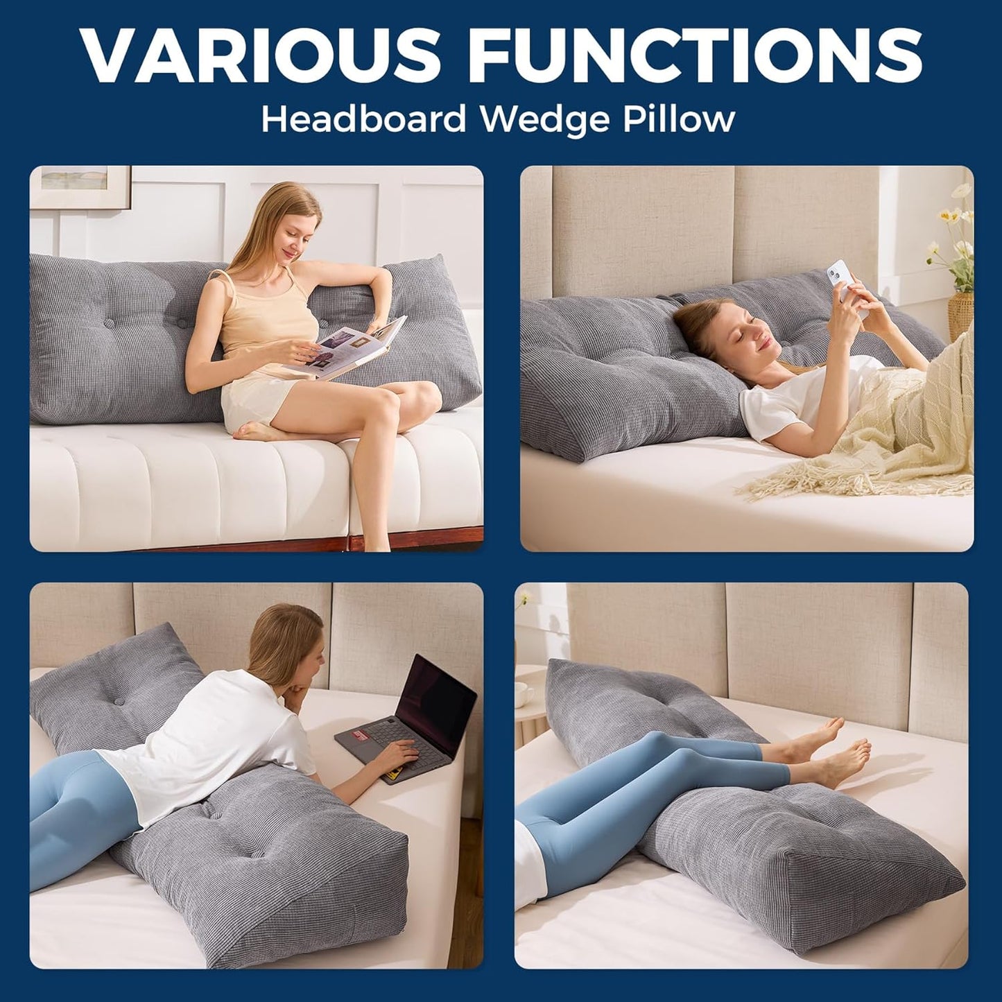 Fahymas Queen Size Wedge Headboard Pillow with Side Pockets, Tufted Back Support Reading Pillow with Removable Washable Cover