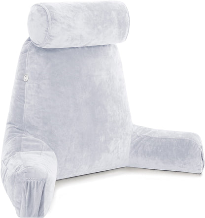 Fahymas XX-Large Reading Pillow with Arms and Neck Roll, Shredded Memory Foam Bed Rest Pillow with Removable Cover and Side Pockets, Grey