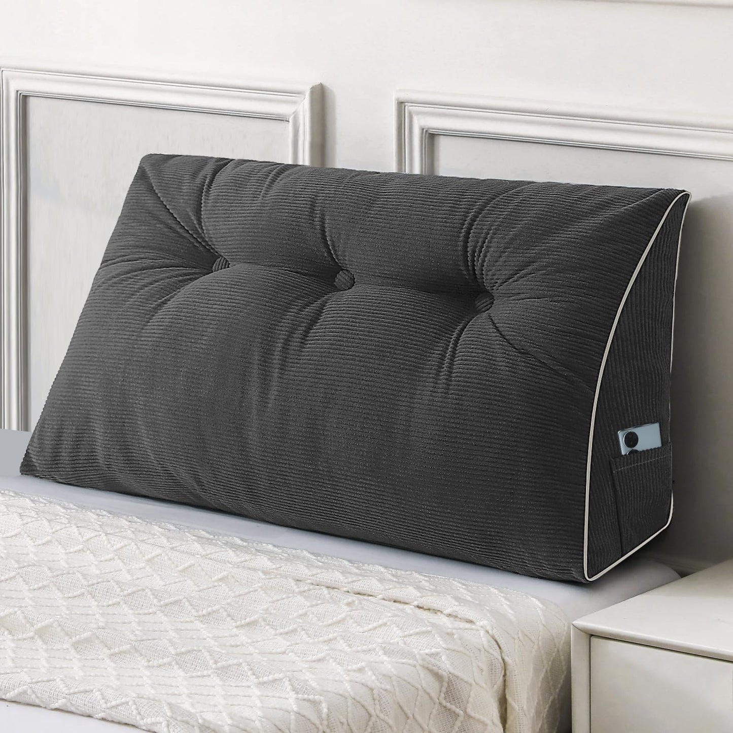 Fahymas Queen Size Wedge Headboard Pillow Set with 2 Bolster Pillows, Velvet Back Support Reading Pillow with Removable Washable Cover