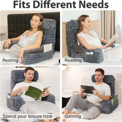 Fahymas 60-Degree Wedge Reading Pillow with Faux Fur Cover, Side Pockets and Portable Handle, XL Bed Rest Back Support Pillow