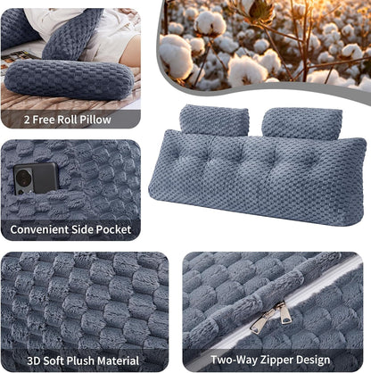 Fahymas Queen Size Wedge Headboard Pillow Set with 2 Roll Pillows, Velvet Back Support Reading Pillow with Removable Washable Cover