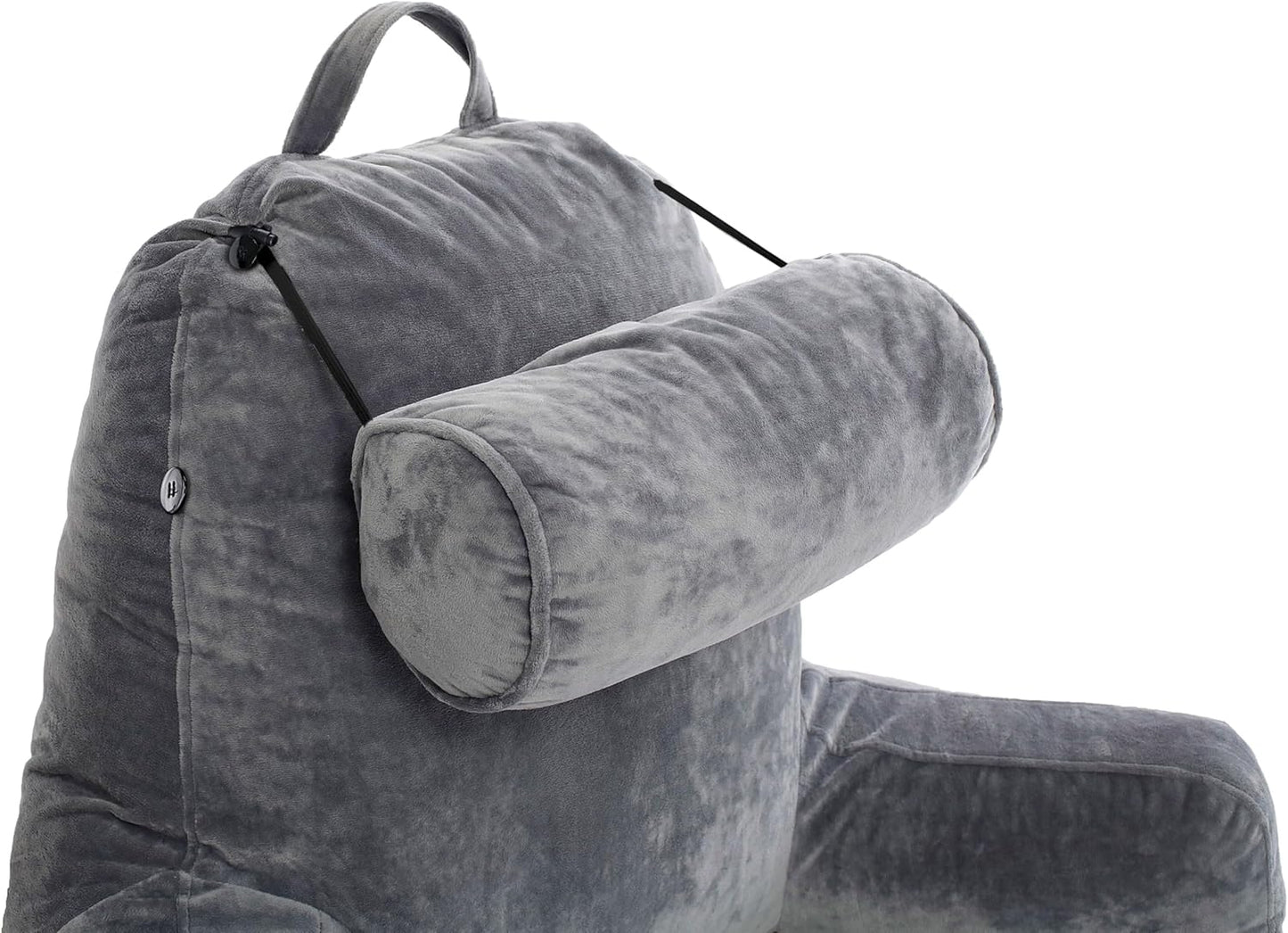 Fahymas XX-Large Reading Pillow with Arms and Neck Roll, Shredded Memory Foam Bed Rest Pillow with Removable Cover and Side Pockets, Grey