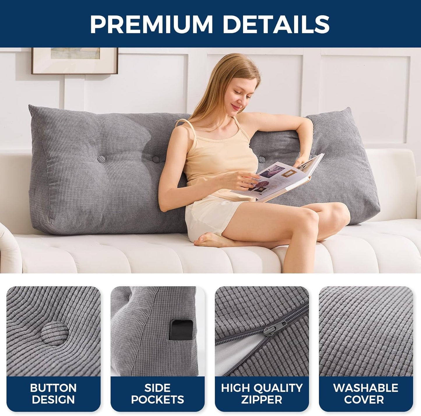 Fahymas Queen Size Wedge Headboard Pillow with Side Pockets, Tufted Back Support Reading Pillow with Removable Washable Cover