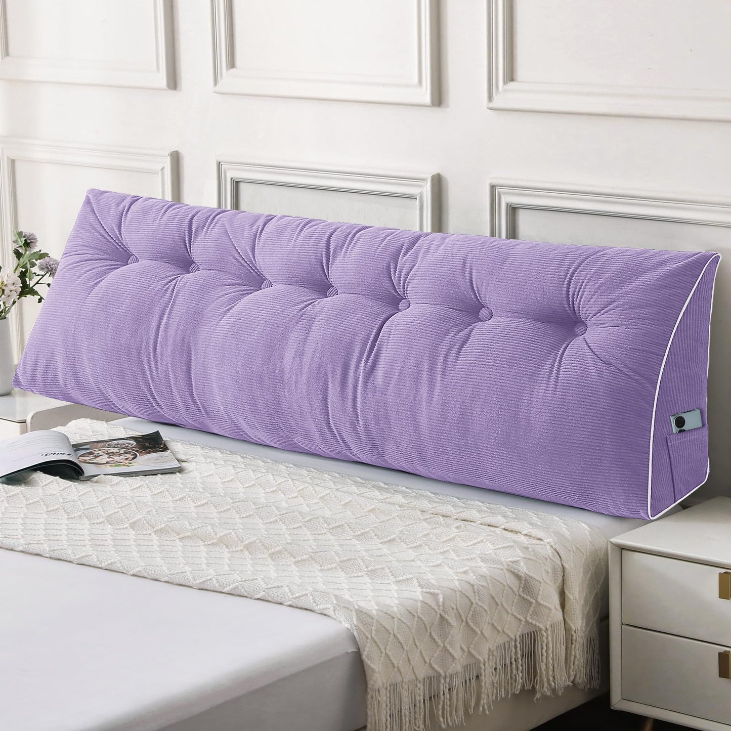 Fahymas Queen Size Wedge Headboard Pillow Set with 2 Bolster Pillows, Velvet Back Support Reading Pillow with Removable Washable Cover