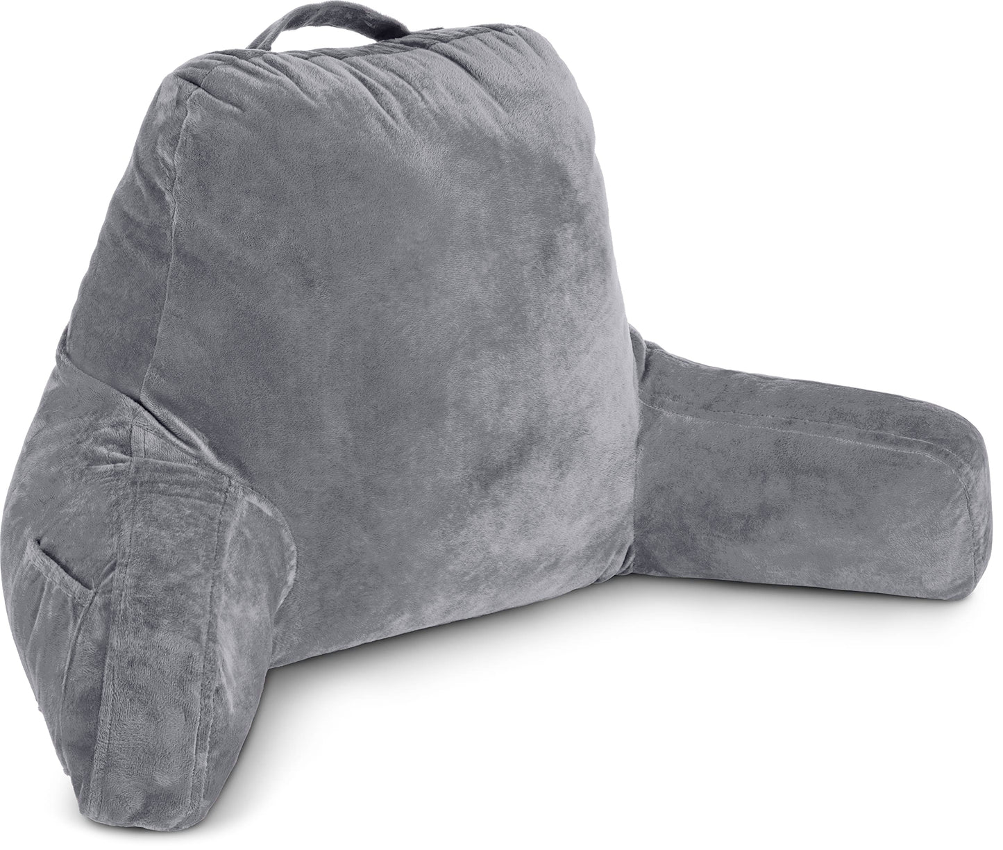 Fahymas XX-Large Reading Pillow with Arms and Neck Roll, Shredded Memory Foam Bed Rest Pillow with Removable Cover and Side Pockets, Grey