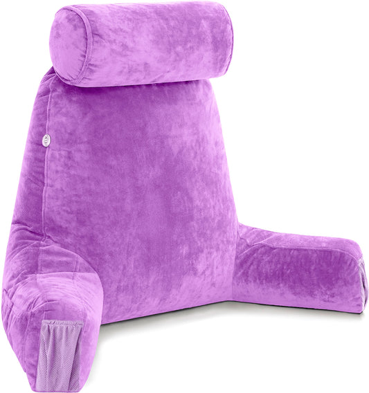 Fahymas XX-Large Reading Pillow with Arms and Neck Roll, Shredded Memory Foam Bed Rest Pillow with Removable Cover and Side Pockets, Grey