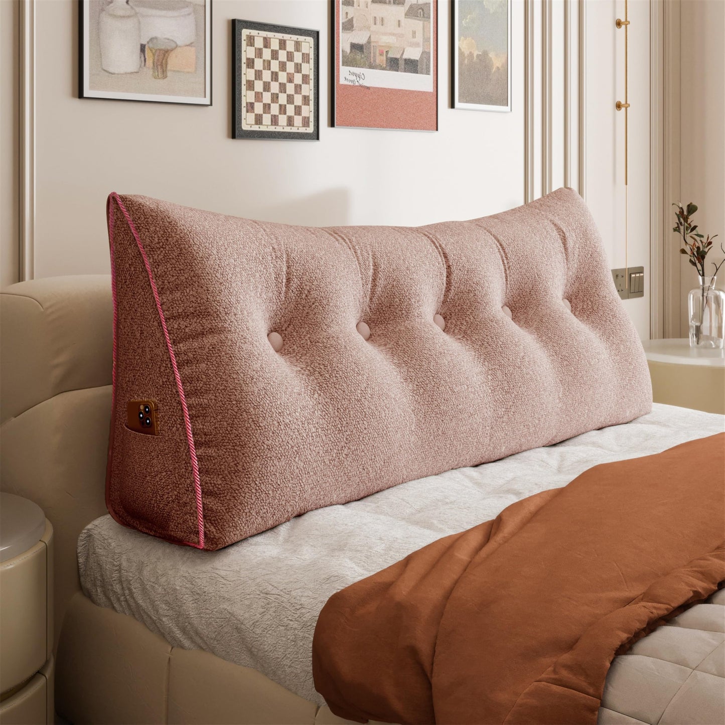 Fahymas Queen Size Wedge Headboard Pillow with Side Pockets, Velvet Back Support Reading Pillow with Removable Washable Cover