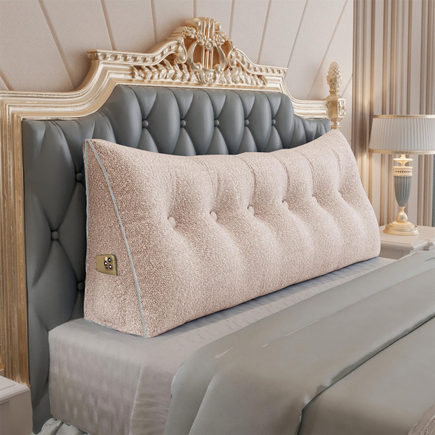 Fahymas Queen Size Wedge Headboard Pillow with Side Pockets, Velvet Back Support Reading Pillow with Removable Washable Cover