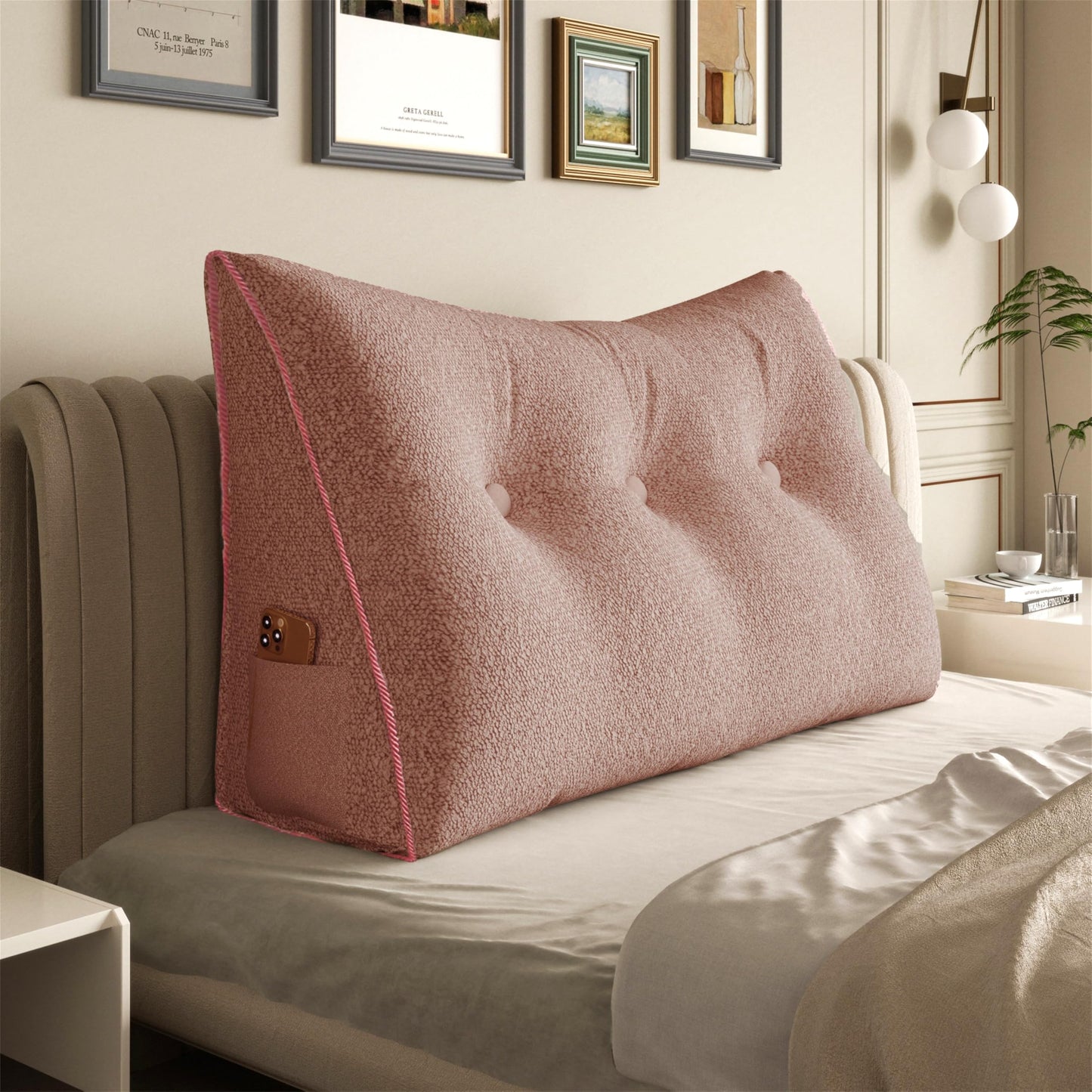 Fahymas Queen Size Wedge Headboard Pillow with Side Pockets, Velvet Back Support Reading Pillow with Removable Washable Cover
