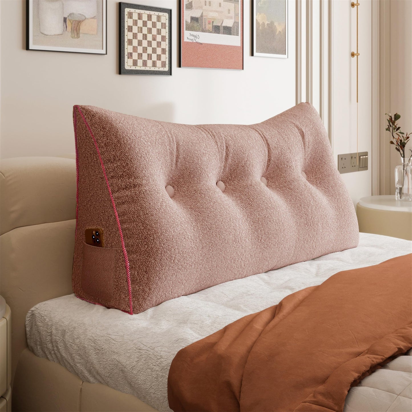Fahymas Queen Size Wedge Headboard Pillow with Side Pockets, Velvet Back Support Reading Pillow with Removable Washable Cover