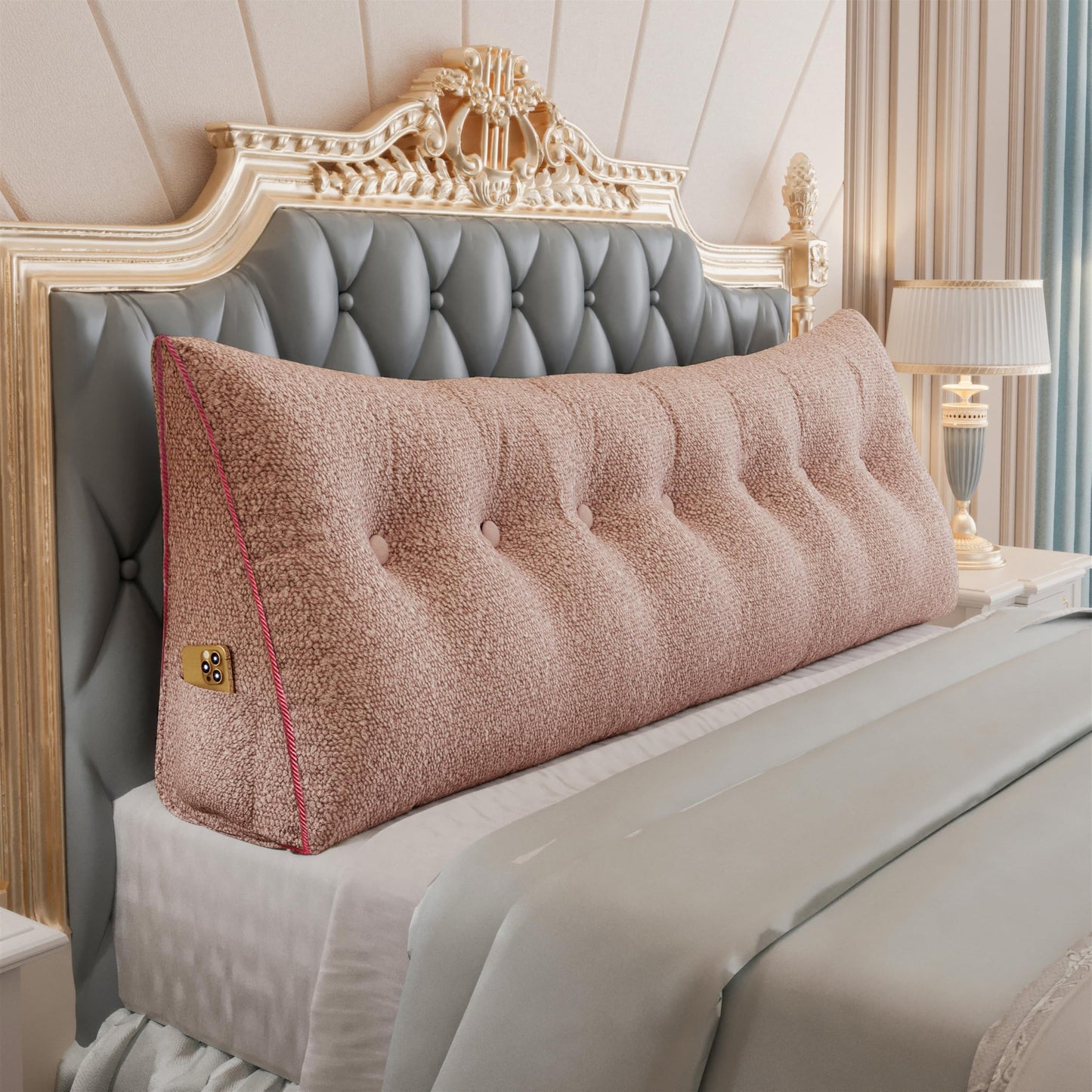 Fahymas Queen Size Wedge Headboard Pillow with Side Pockets, Velvet Back Support Reading Pillow with Removable Washable Cover