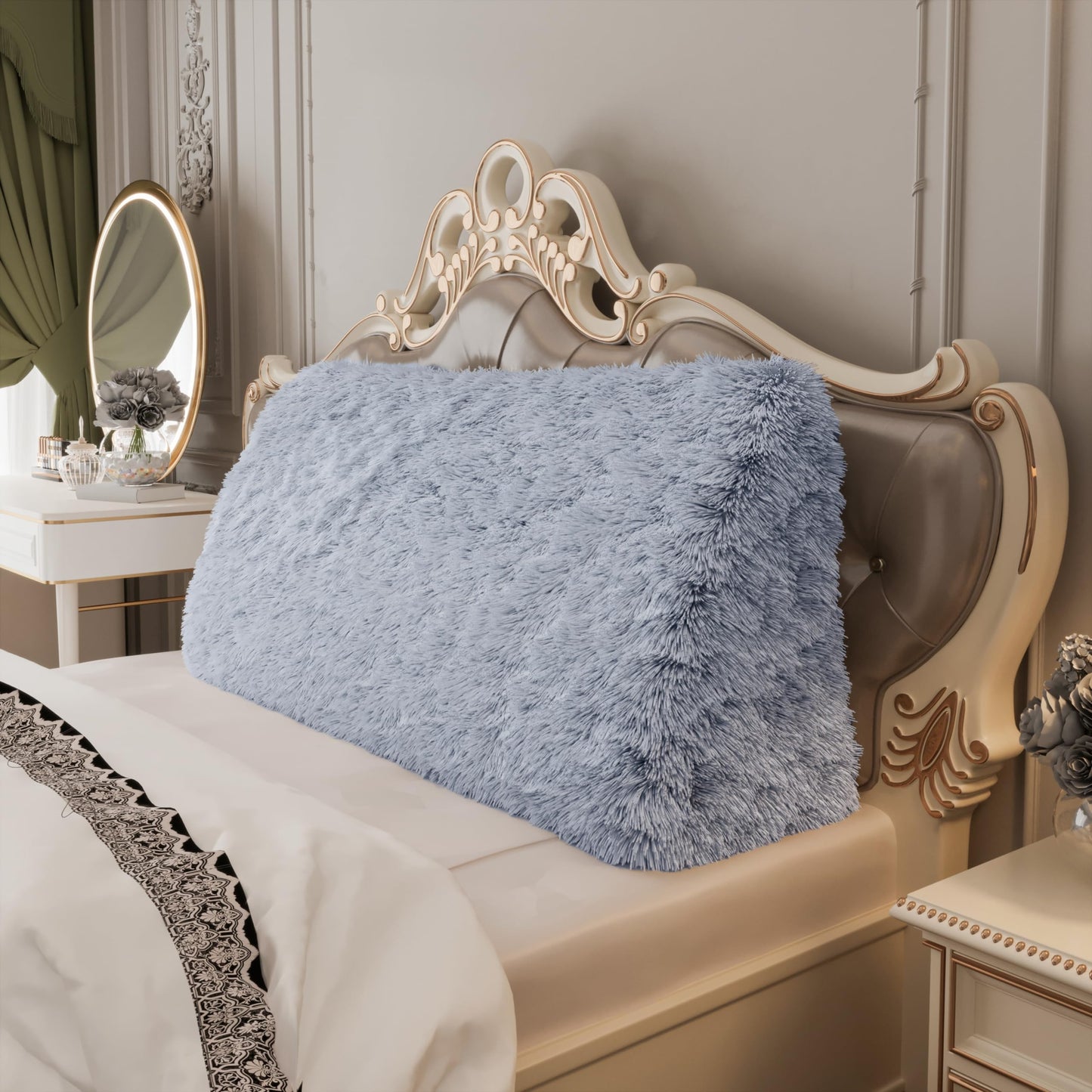 Fahymas Queen Size Wedge Headboard Pillow with Side Pockets, Velvet Back Support Reading Pillow with Removable Washable Cover