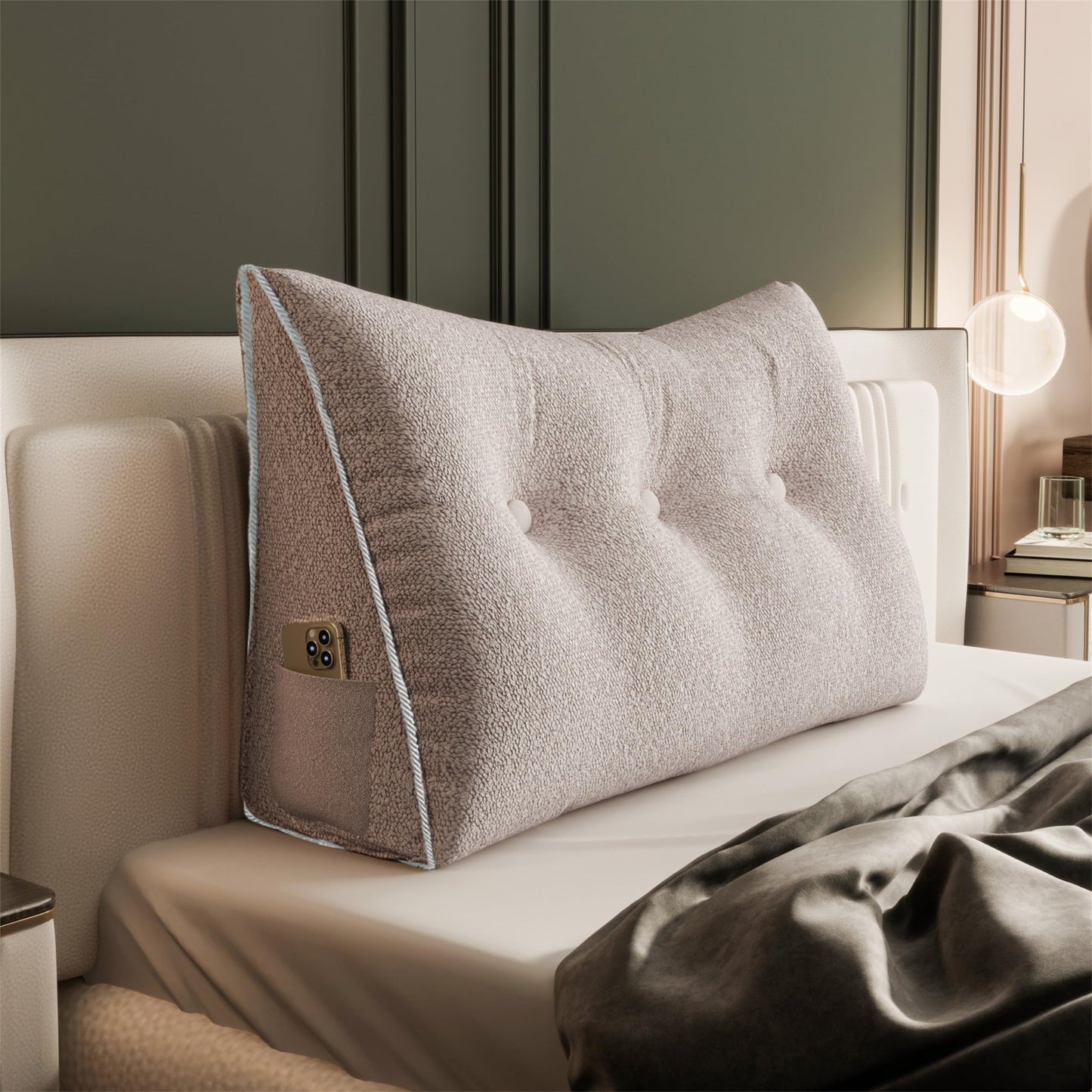Fahymas Queen Size Wedge Headboard Pillow with Side Pockets, Velvet Back Support Reading Pillow with Removable Washable Cover