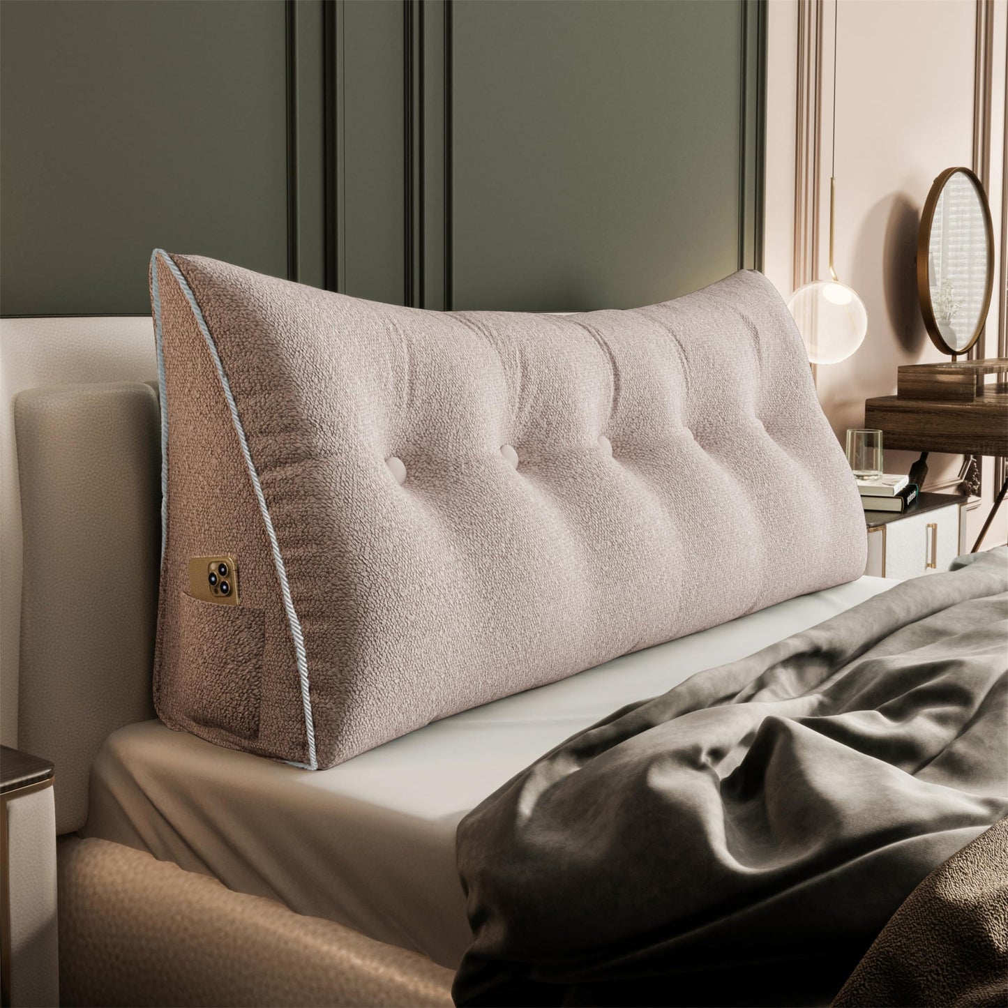 Fahymas Queen Size Wedge Headboard Pillow with Side Pockets, Velvet Back Support Reading Pillow with Removable Washable Cover