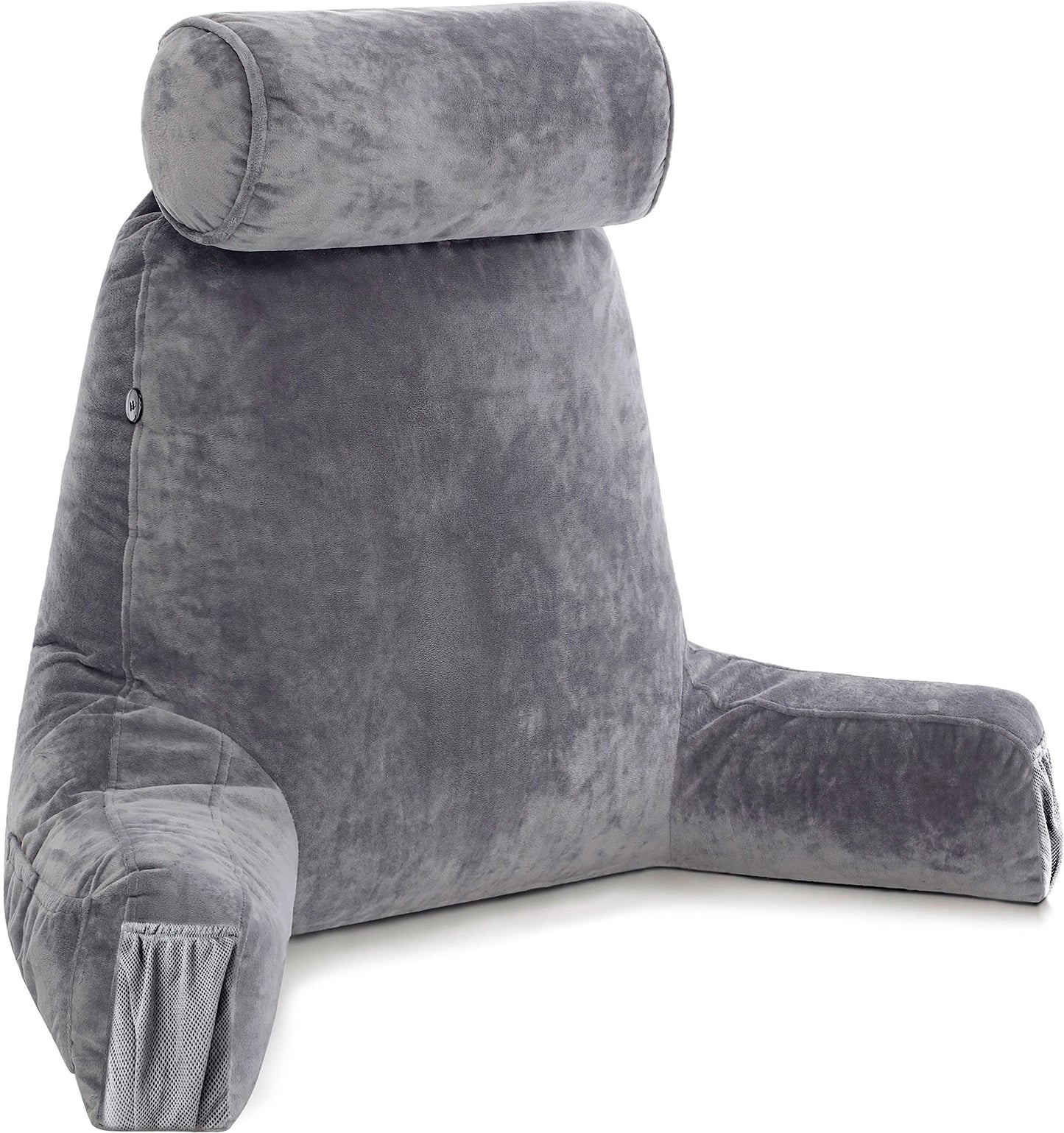 Fahymas XX-Large Reading Pillow with Arms and Neck Roll, Shredded Memory Foam Bed Rest Pillow with Removable Cover and Side Pockets, Grey