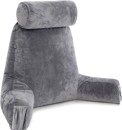 Fahymas XX-Large Reading Pillow with Arms and Neck Roll, Shredded Memory Foam Bed Rest Pillow with Removable Cover and Side Pockets, Grey